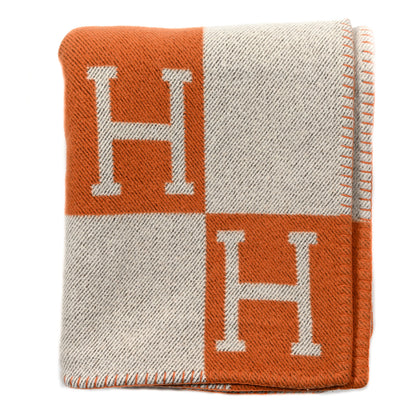 Hermes Wool Cashmere Signature Classic Avalon Blanket Ecru Potiron 1 of 3