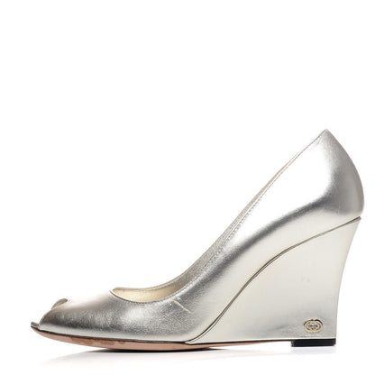 Gucci Metallic Nappa Peep Toe Wedges 6 Athena 1 of 11