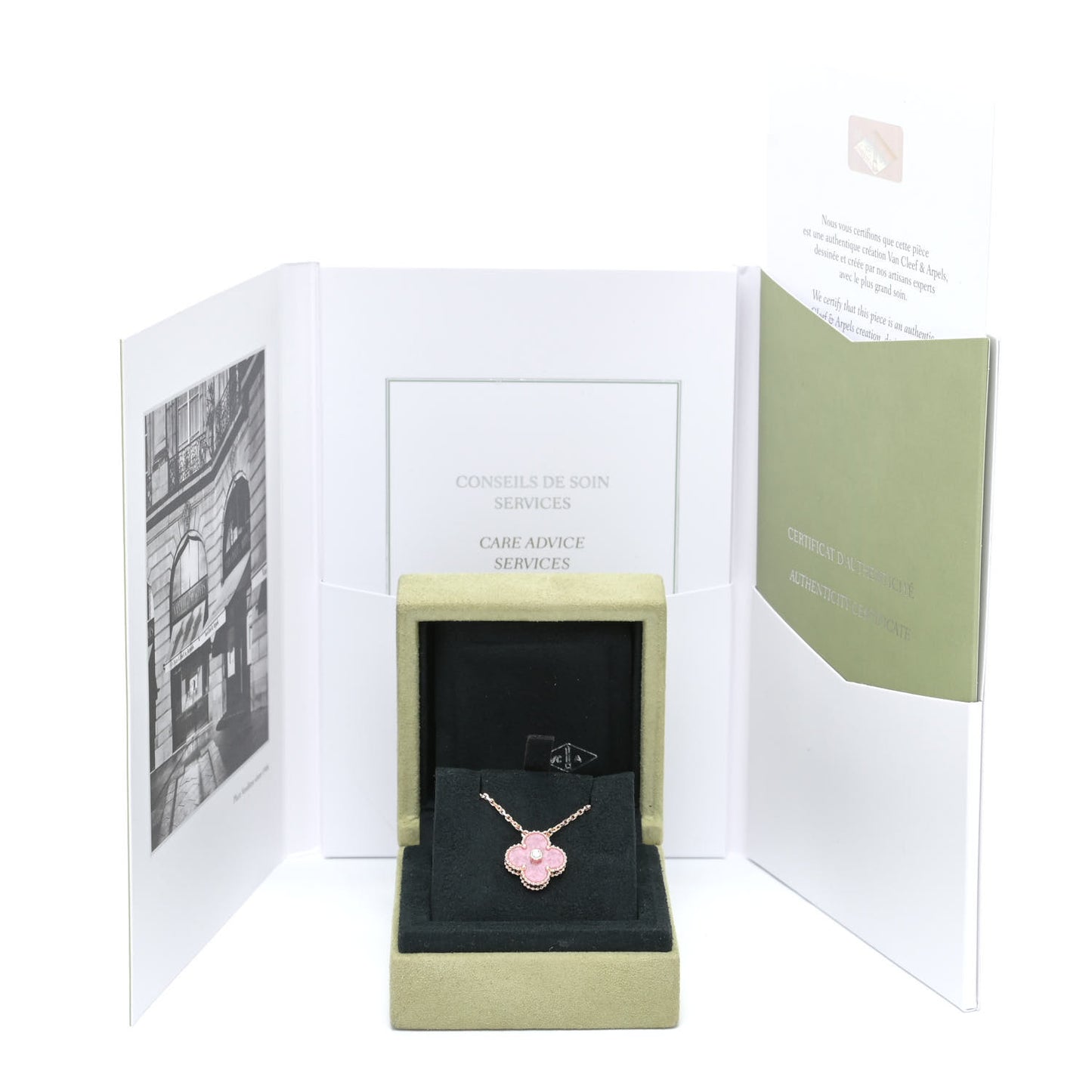 18K Rose Gold Diamond Rhodonite Vintage Alhambra Pendant Necklace