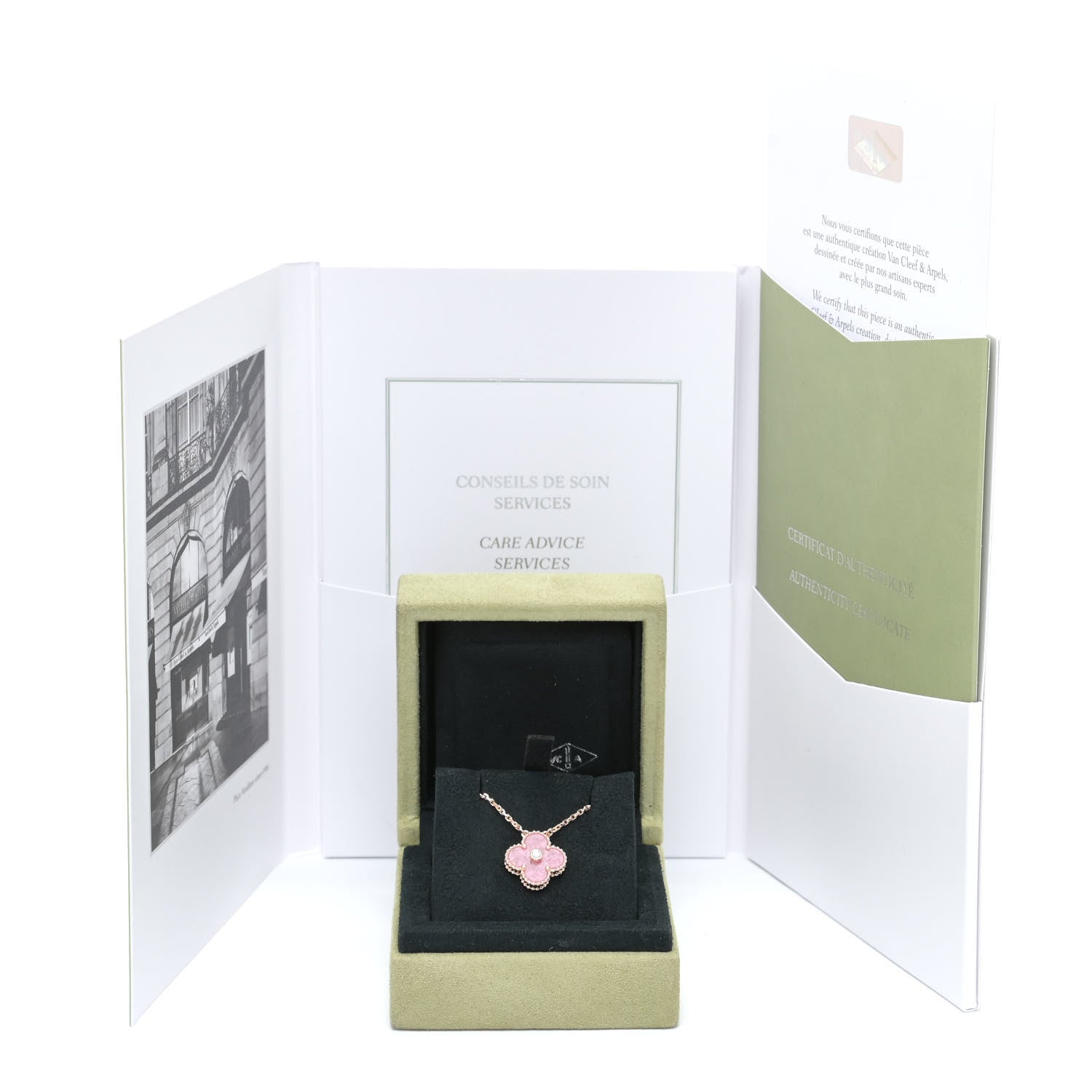 Van Cleef & Arpels 18K Rose Gold Diamond Rhodonite Vintage Alhambra Pendant Necklace 7 of 7