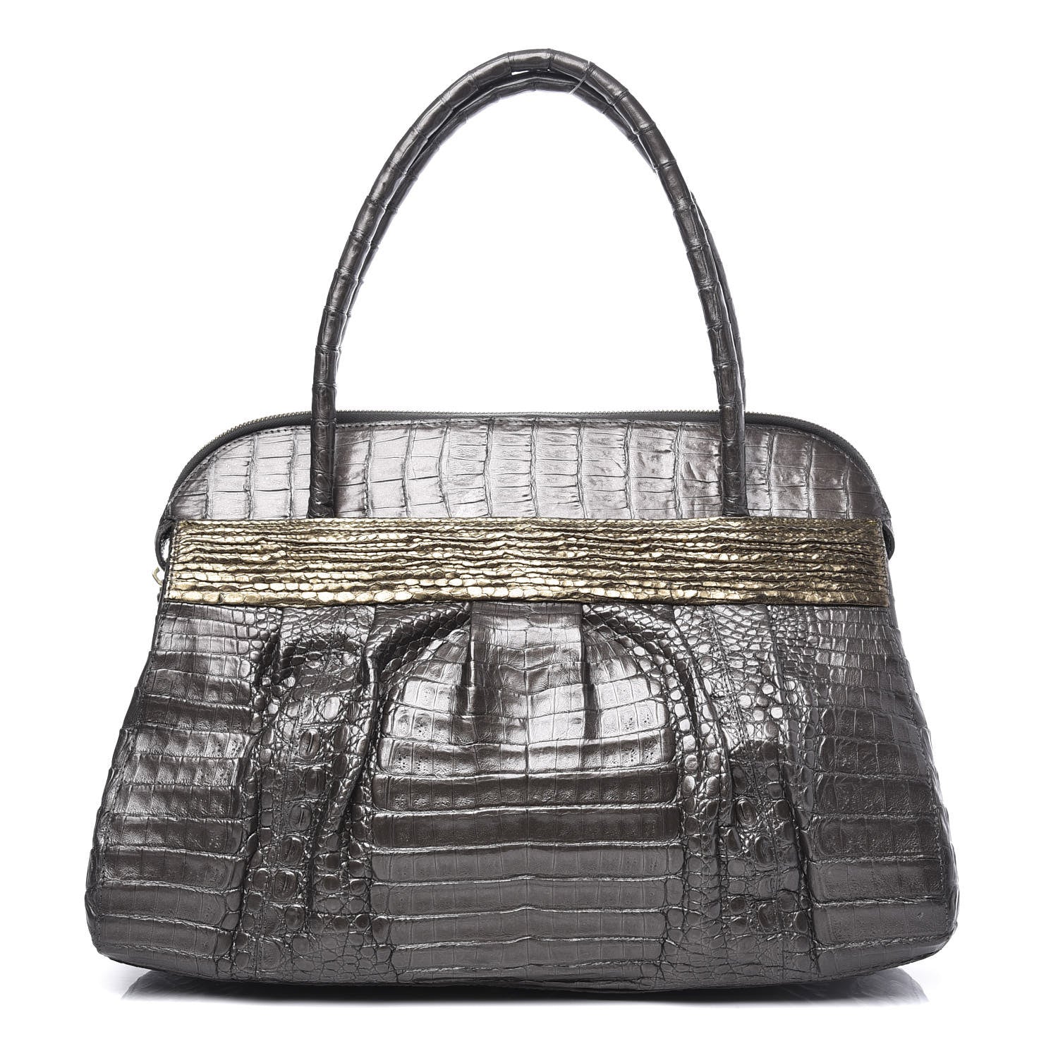 Nancy Gonzalez Metallic Crocodile Snakeskin Shoulder Bag Silver Gold 1 of 8