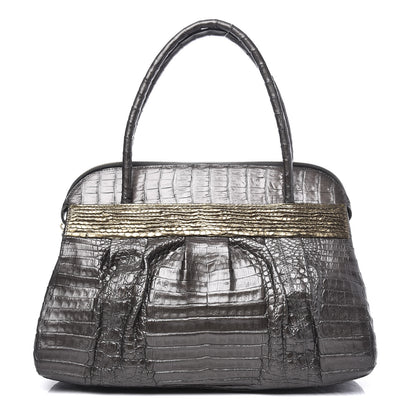 Nancy Gonzalez Metallic Crocodile Snakeskin Shoulder Bag Silver Gold 1 of 8