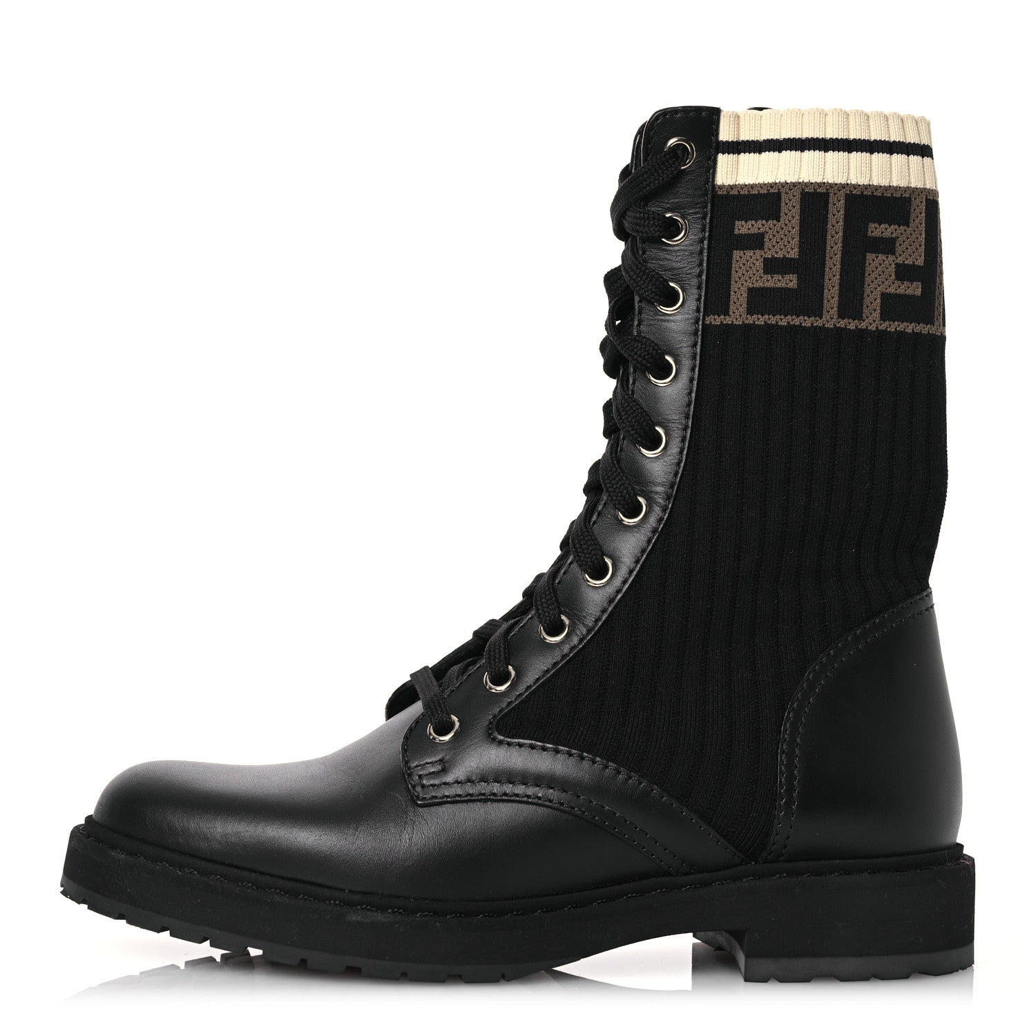 Fendi Calfskin Stretch Fabric Rockoko Biker Boots 37 Tobacco Black Marino 1 of 12