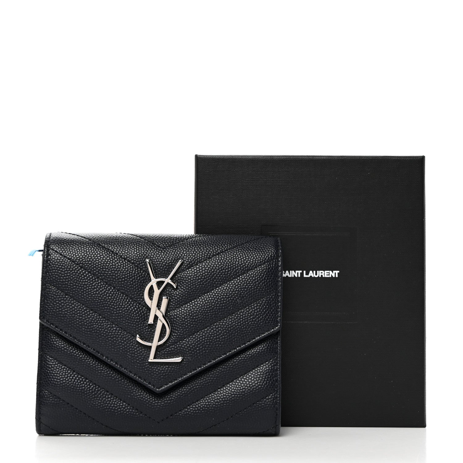 Saint Laurent Grain De Poudre Matelasse Chevron Monogram Compact Tri Fold Wallet Deep Marine 3 of 8