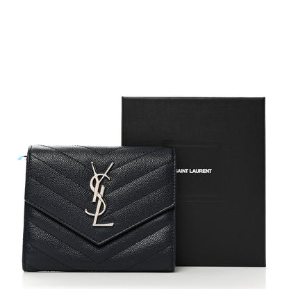 Saint Laurent Grain De Poudre Matelasse Chevron Monogram Compact Tri Fold Wallet Deep Marine 3 of 8
