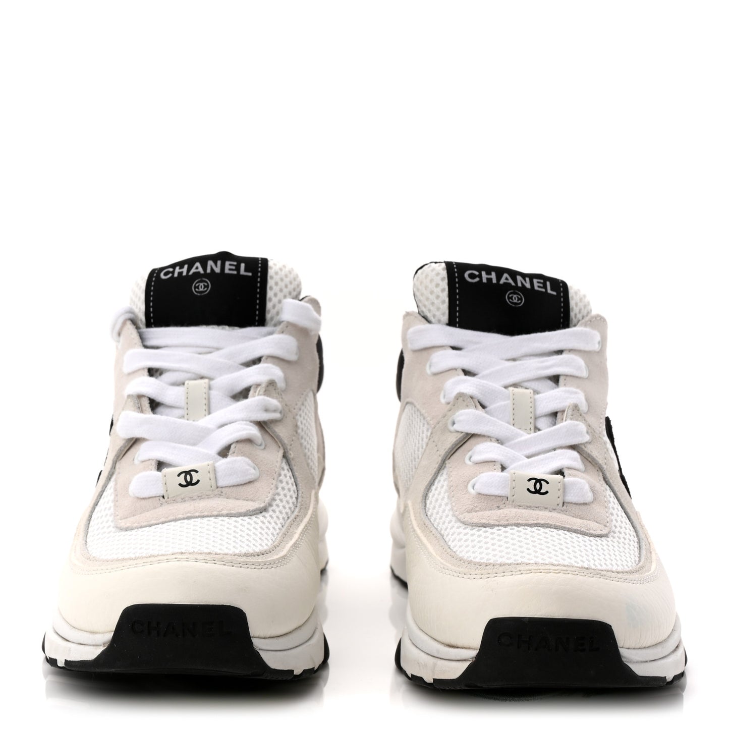 Mesh Suede Calfskin Grained Calfskin Womens CC Sneakers 37.5 White Black