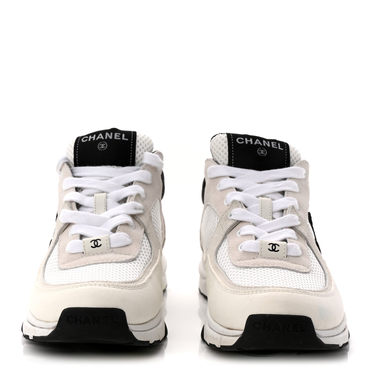 Chanel Mesh Suede Calfskin Grained Calfskin Womens CC Sneakers 37.5 White Black 2 of 11