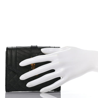 Saint Laurent Grain De Poudre Mixed Matelasse Triquilt Monogram Compact Tri Fold Wallet Black 2 of 7