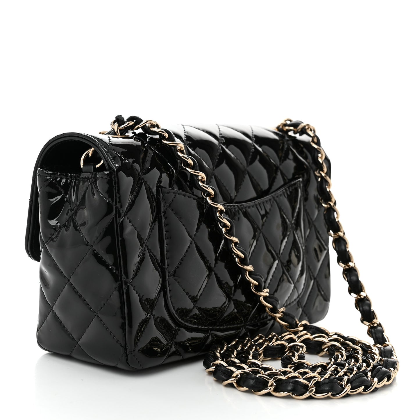 Patent Calfskin Quilted Mini Rectangular Flap Black