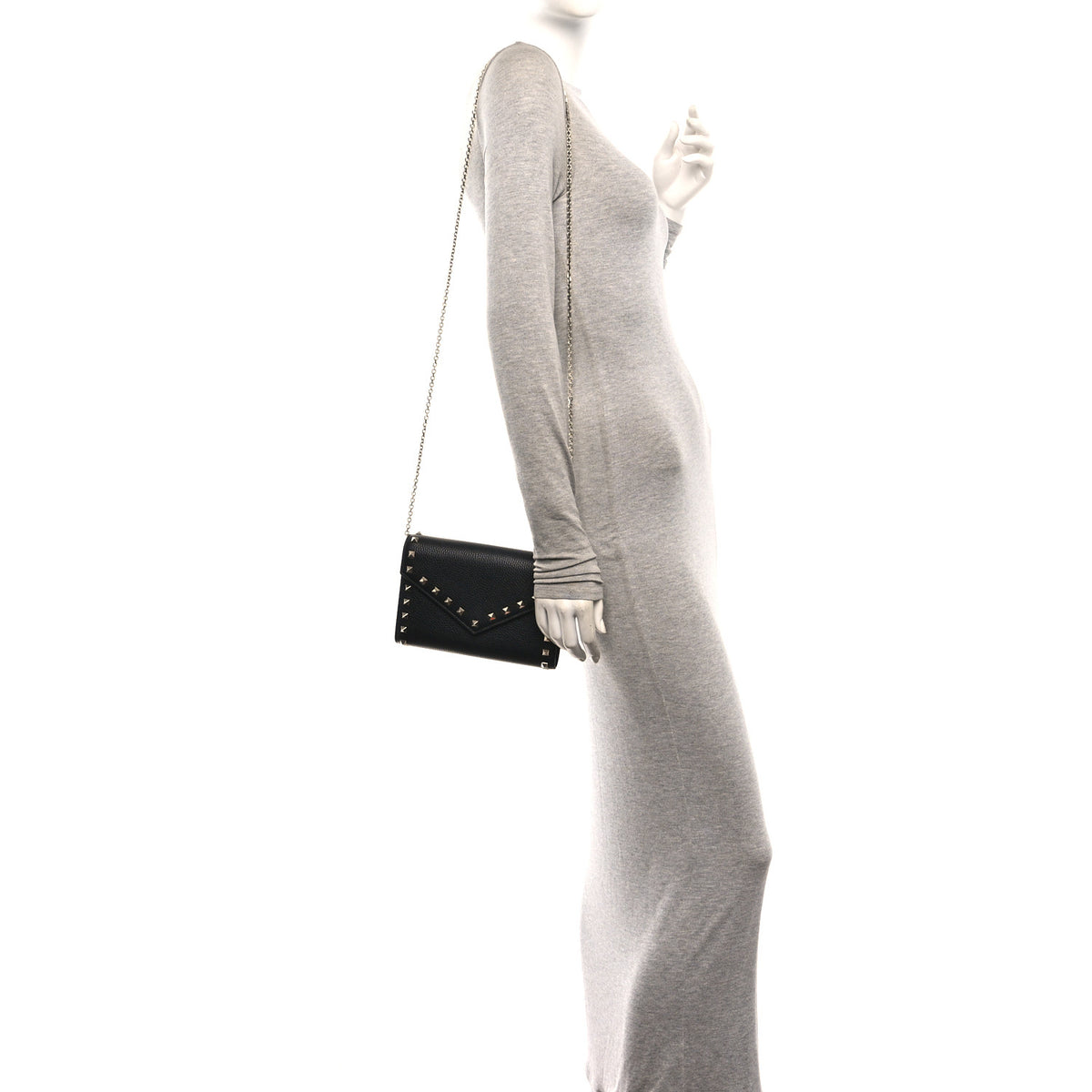 Pebbled Calfskin Rockstud Envelope Wallet on Chain Black