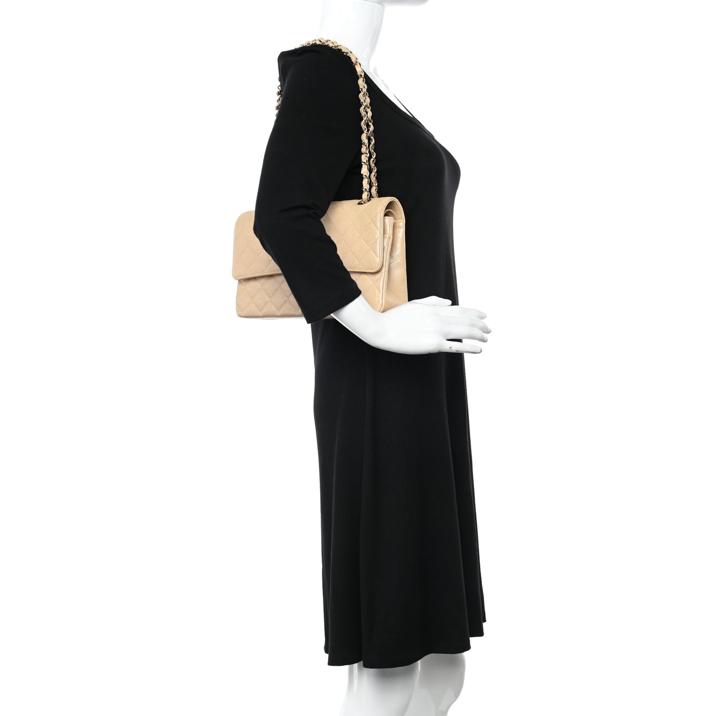 Iridescent Caviar Quilted Medium Double Flap Beige