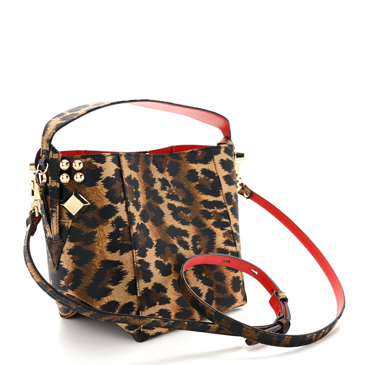 Crepe Satin Leopard Print Empire Spike Studded Mini Cabachic Bucket Bag Brown