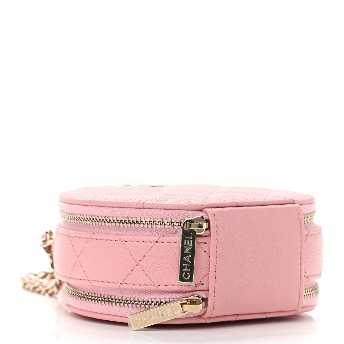 Caviar Quilted Round Handle With Care Vanity With Chain Pink