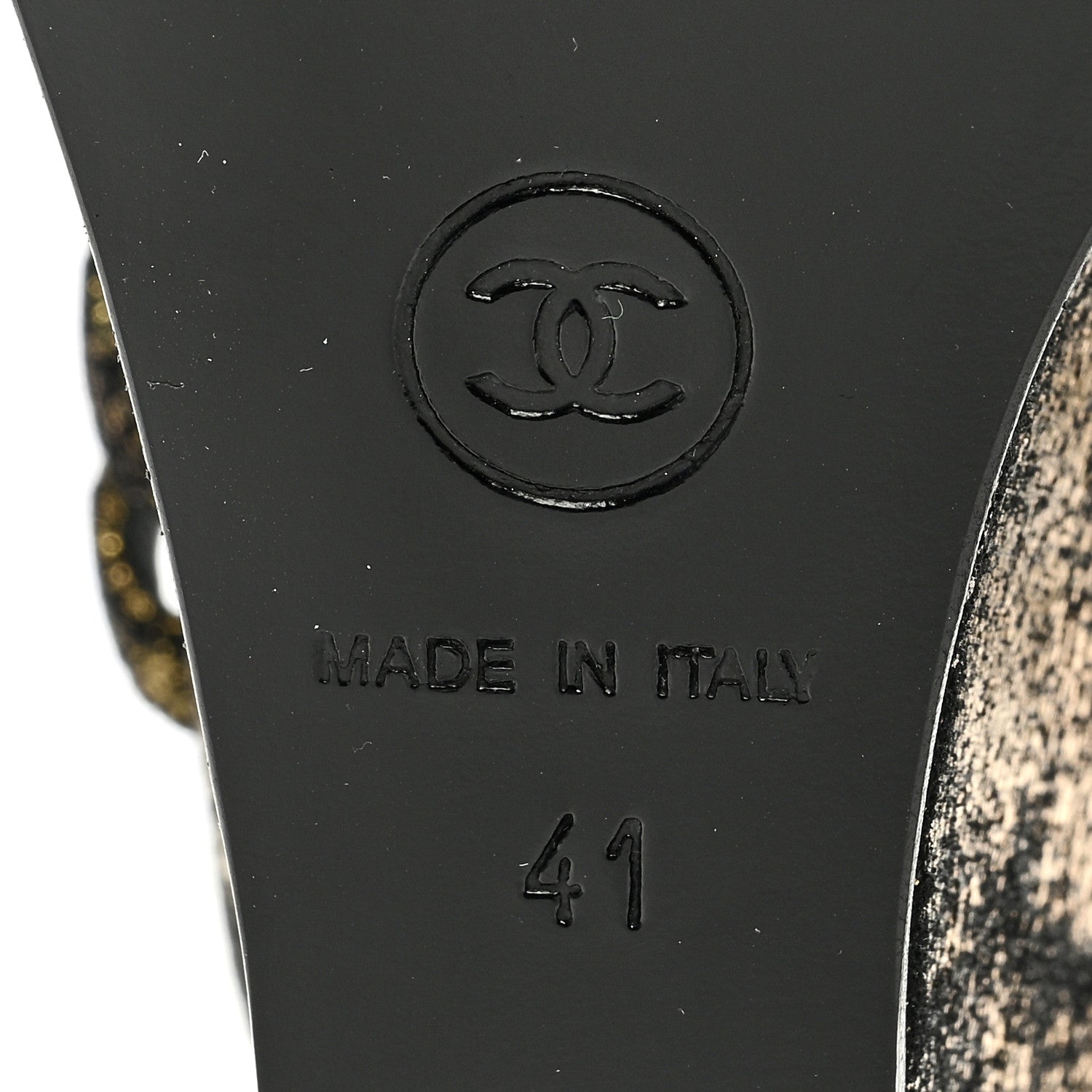 Chanel Metallic Suede CC Wedge Sandals 41 Black Gold 6 of 7