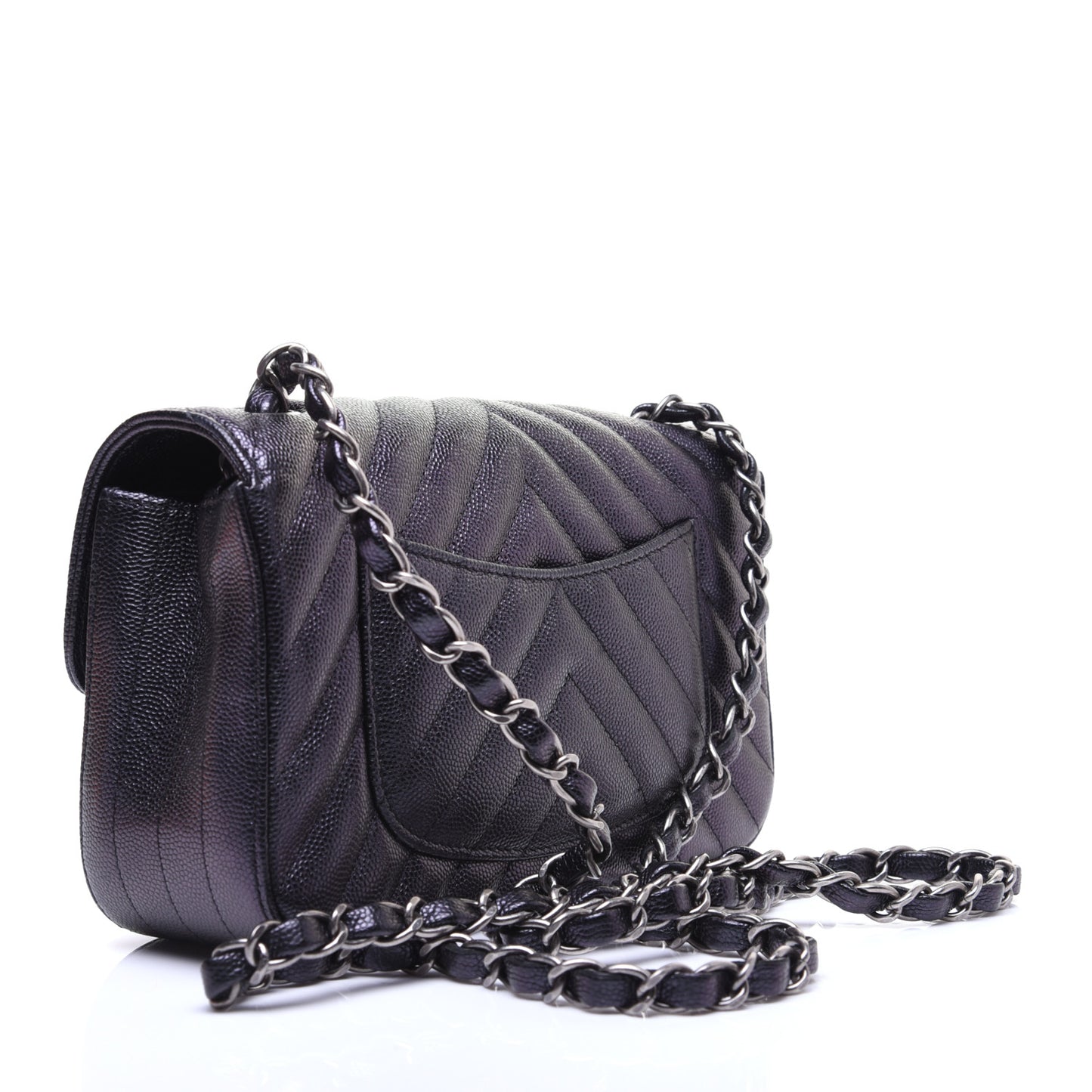 Metallic Caviar Chevron Quilted Mini Rectangular Flap Black