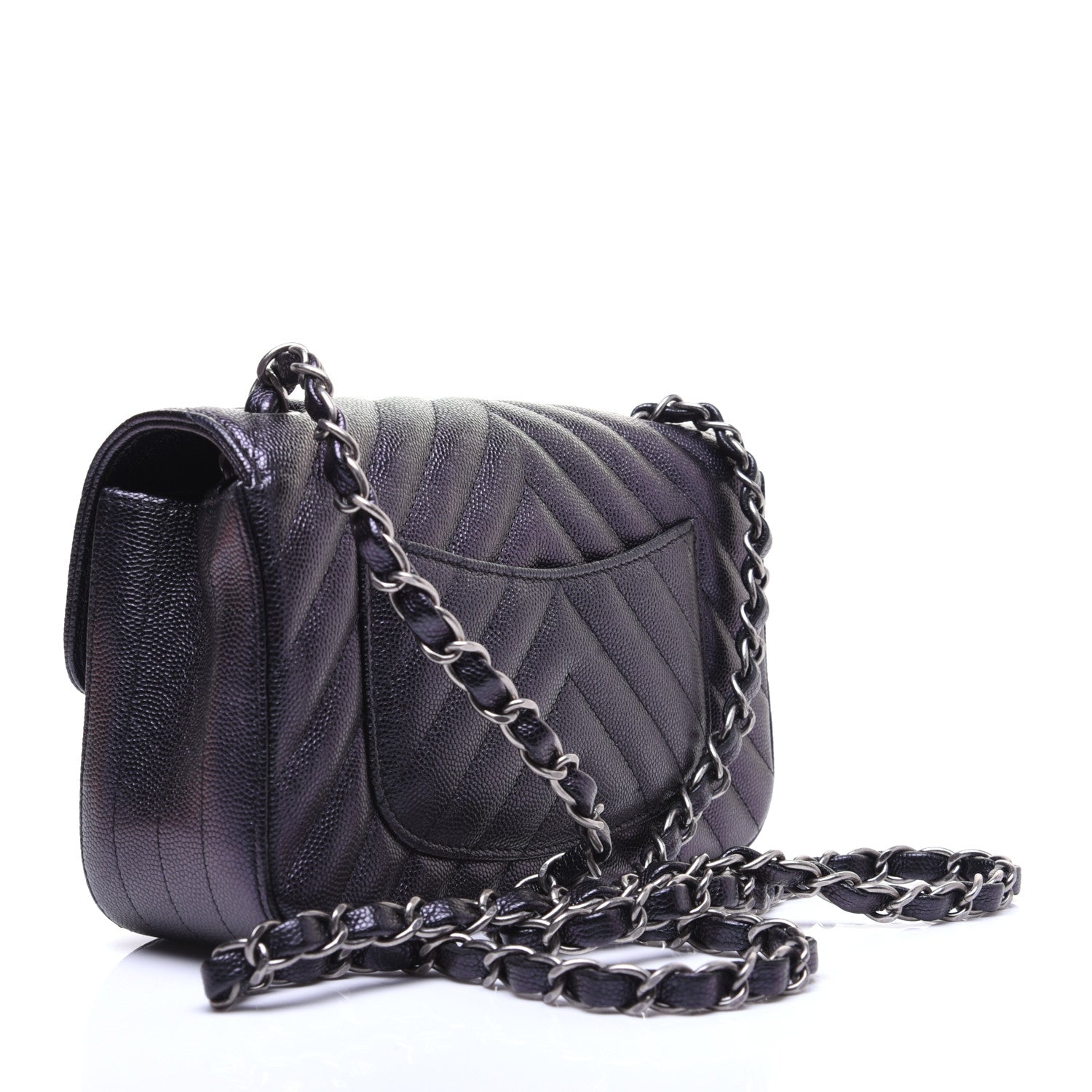 Chanel Metallic Caviar Chevron Quilted Mini Rectangular Flap Black 3 of 13