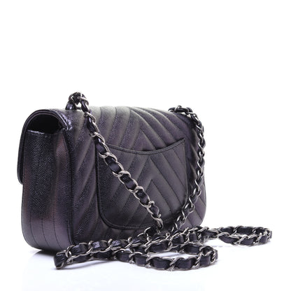 Chanel Metallic Caviar Chevron Quilted Mini Rectangular Flap Black 3 of 13