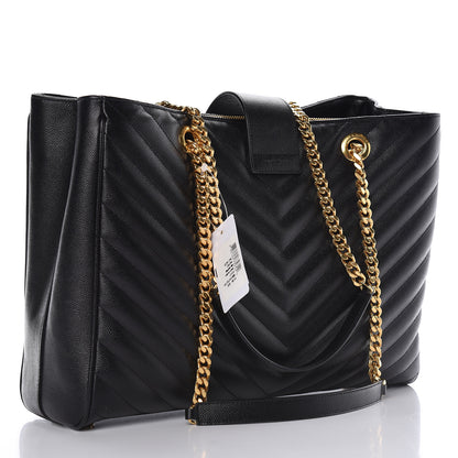 Saint Laurent Grain De Poudre Matelasse Chevron Monogram Shopping Bag Black 3 of 11