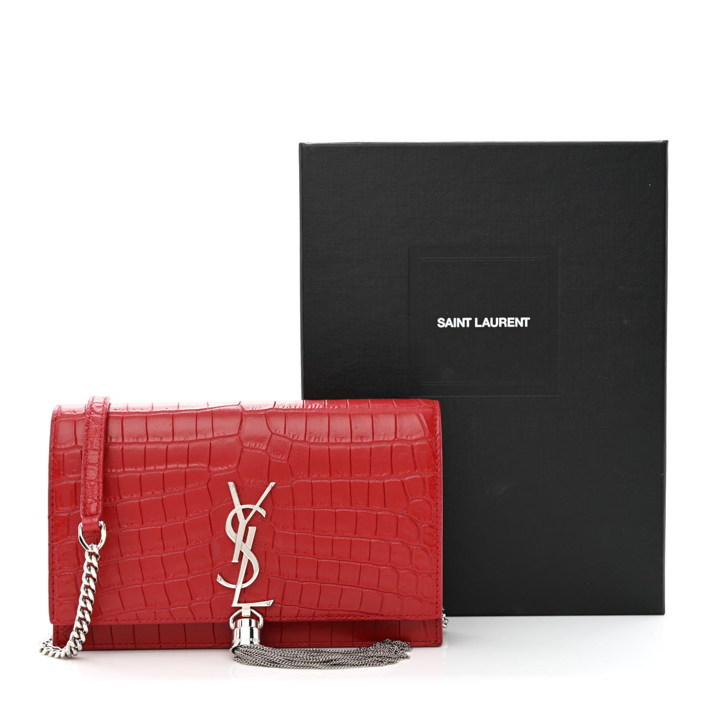 Calfskin Crocodile Embossed Kate Monogram Tassel Chain Wallet Rouge Eros