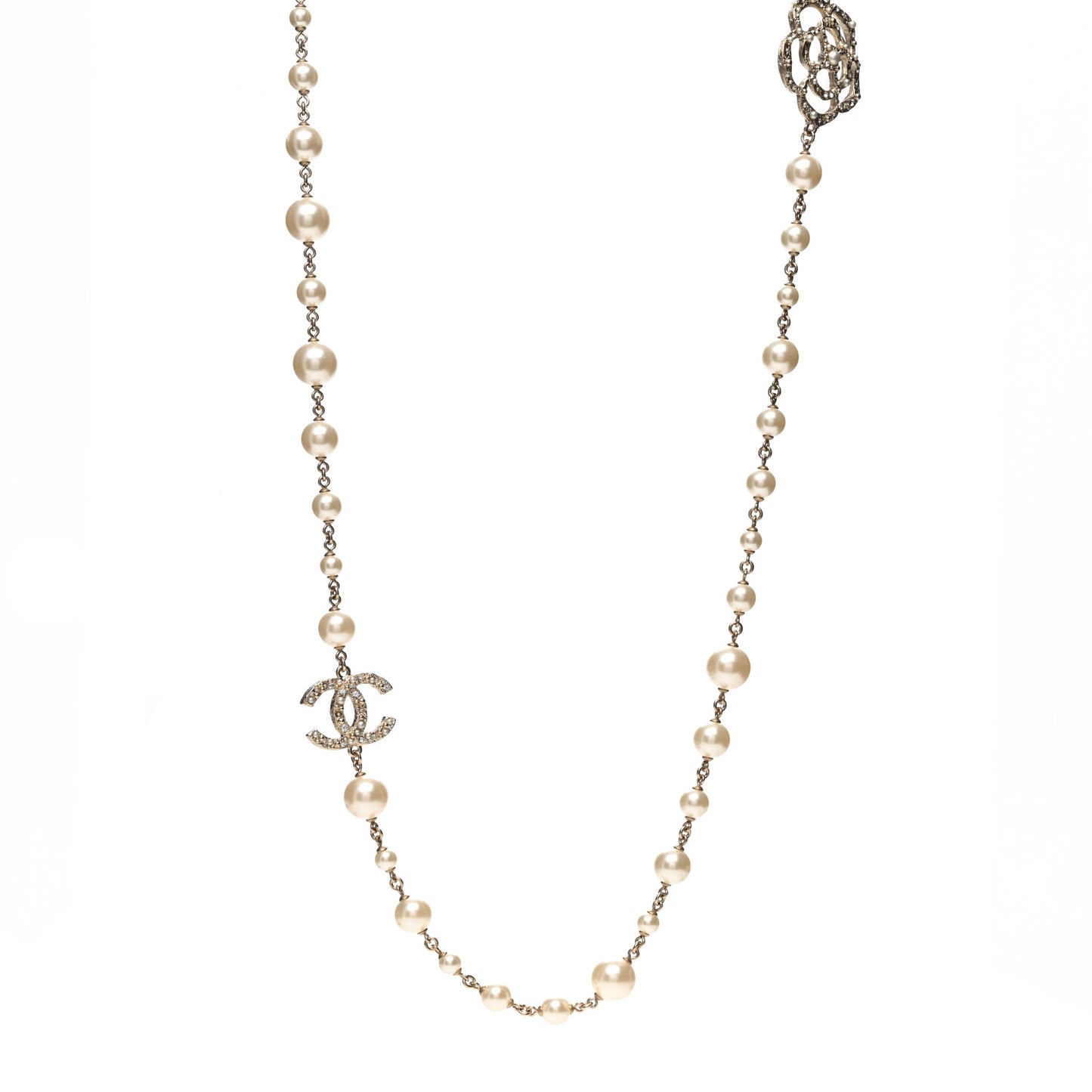 Pearl Crystal Camellia CC Necklace Gold