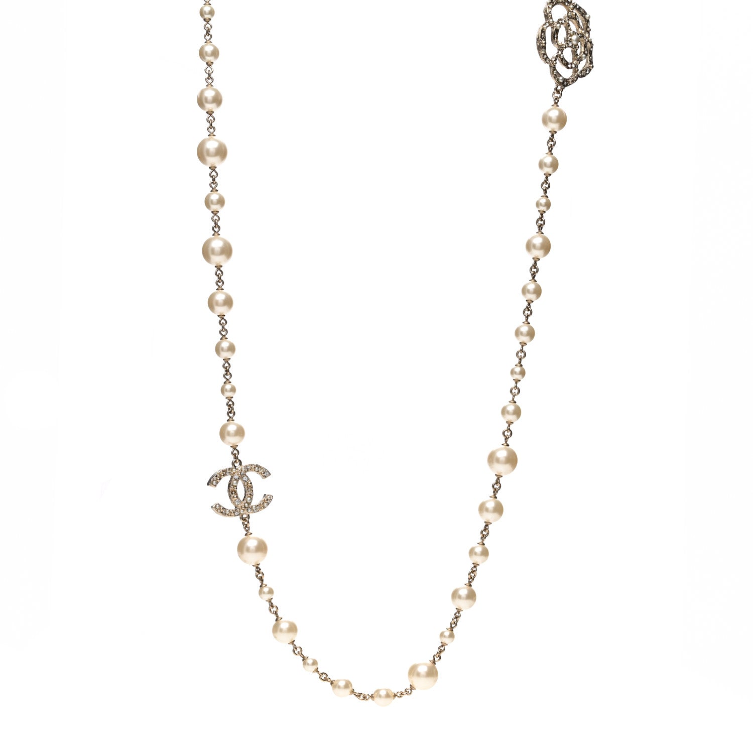 Chanel Pearl Crystal Camellia CC Necklace Gold 1 of 6
