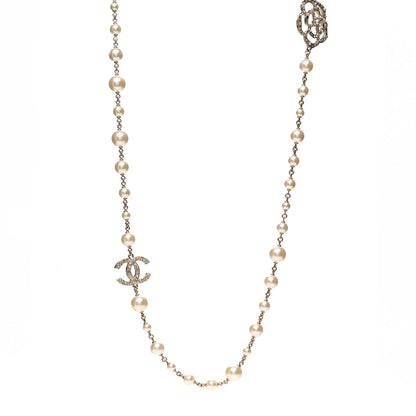 Chanel Pearl Crystal Camellia CC Necklace Gold 1 of 6
