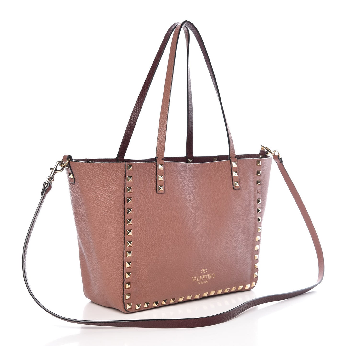 Pebbled Calfskin Small Rockstud Reversible Tote Rubin Blush