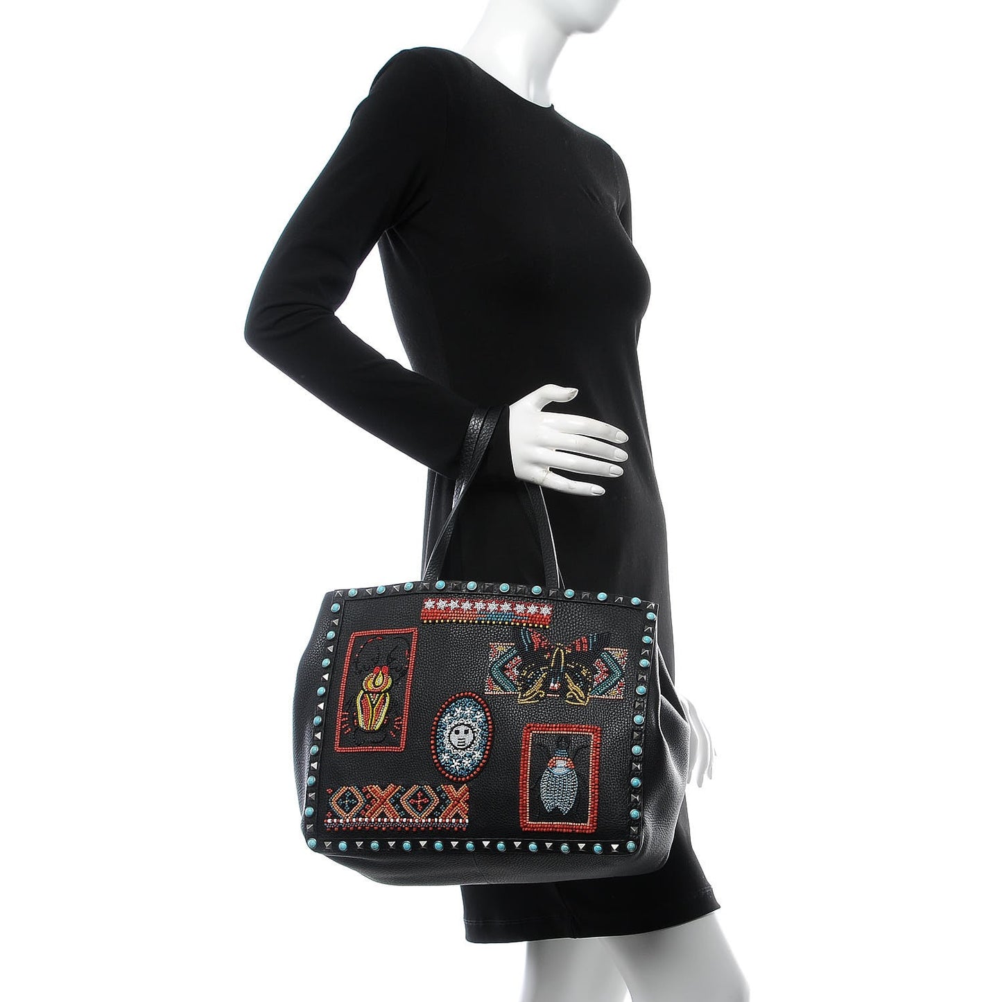 Grained Calfskin Patch Beaded Medium Rockstud Rolling Crossbody Tote Black Multicolor