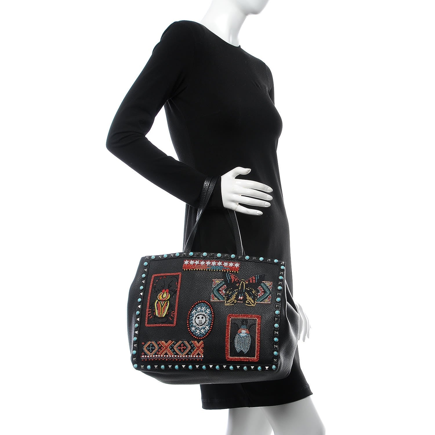Valentino Garavani Grained Calfskin Patch Beaded Medium Rockstud Rolling Crossbody Tote Black Multicolor 3 of 8