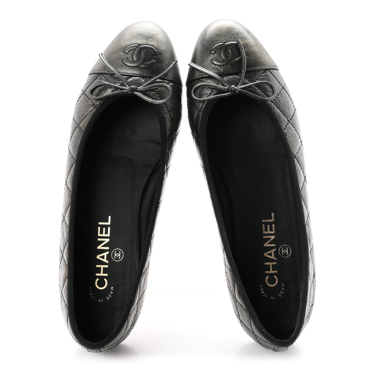 Chanel Metallic Aged Calfskin Quilted CC Cap Toe Ballerina Flats 38.5 Dark Silver 2 of 9