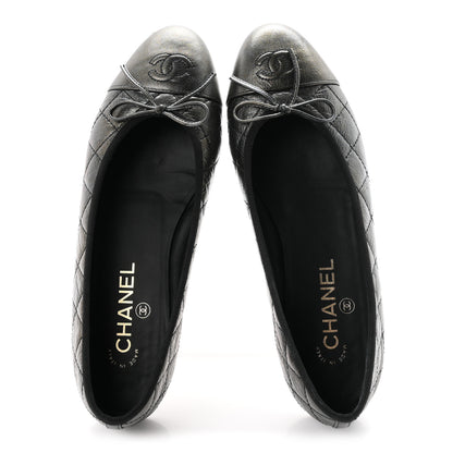 Chanel Metallic Aged Calfskin Quilted CC Cap Toe Ballerina Flats 38.5 Dark Silver 2 of 9