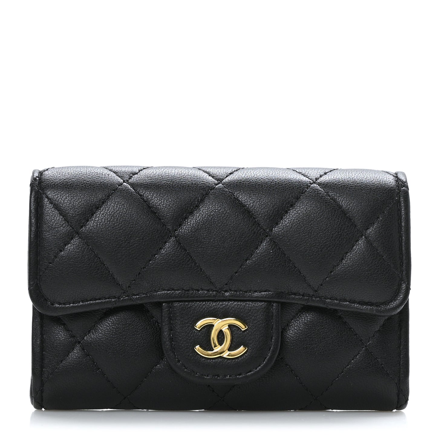 Lambskin Quilted Flap Card Holder Wallet Black