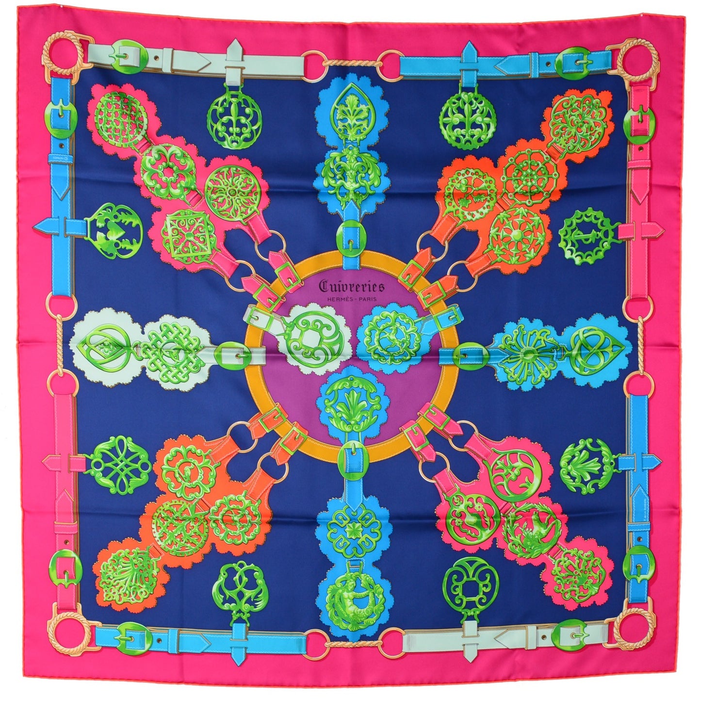 Silk Cuivreries Scarf 90 Marine Fuschia Vert
