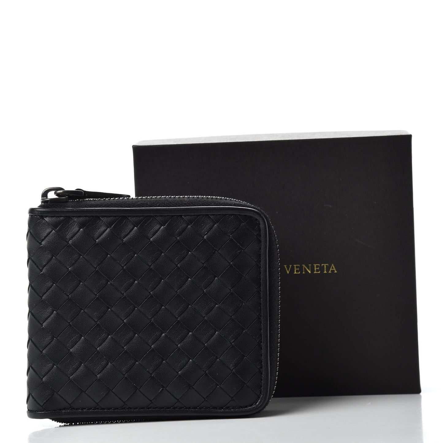 Nappa Intrecciato Zip Around Compact Wallet Black