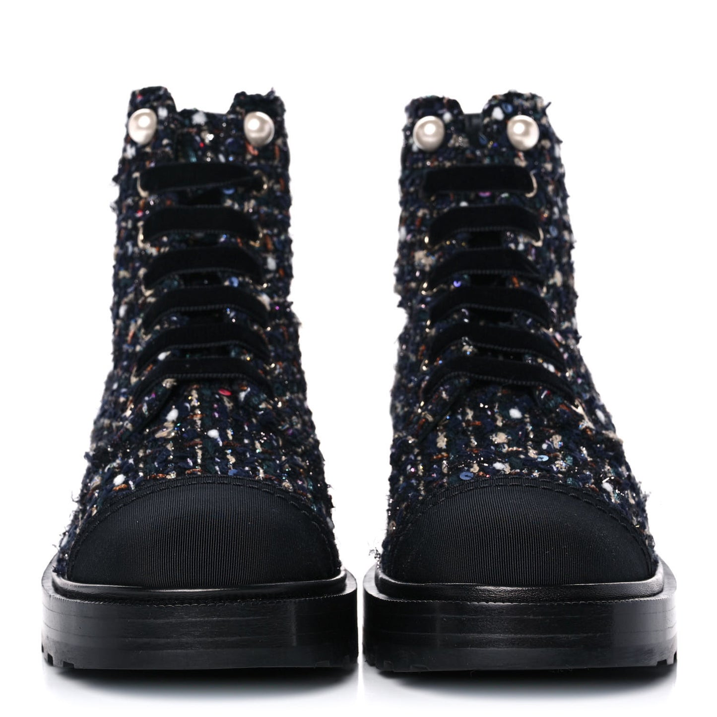 Tweed Grosgrain Pearl Combat Short Boots 37 Black Multicolor