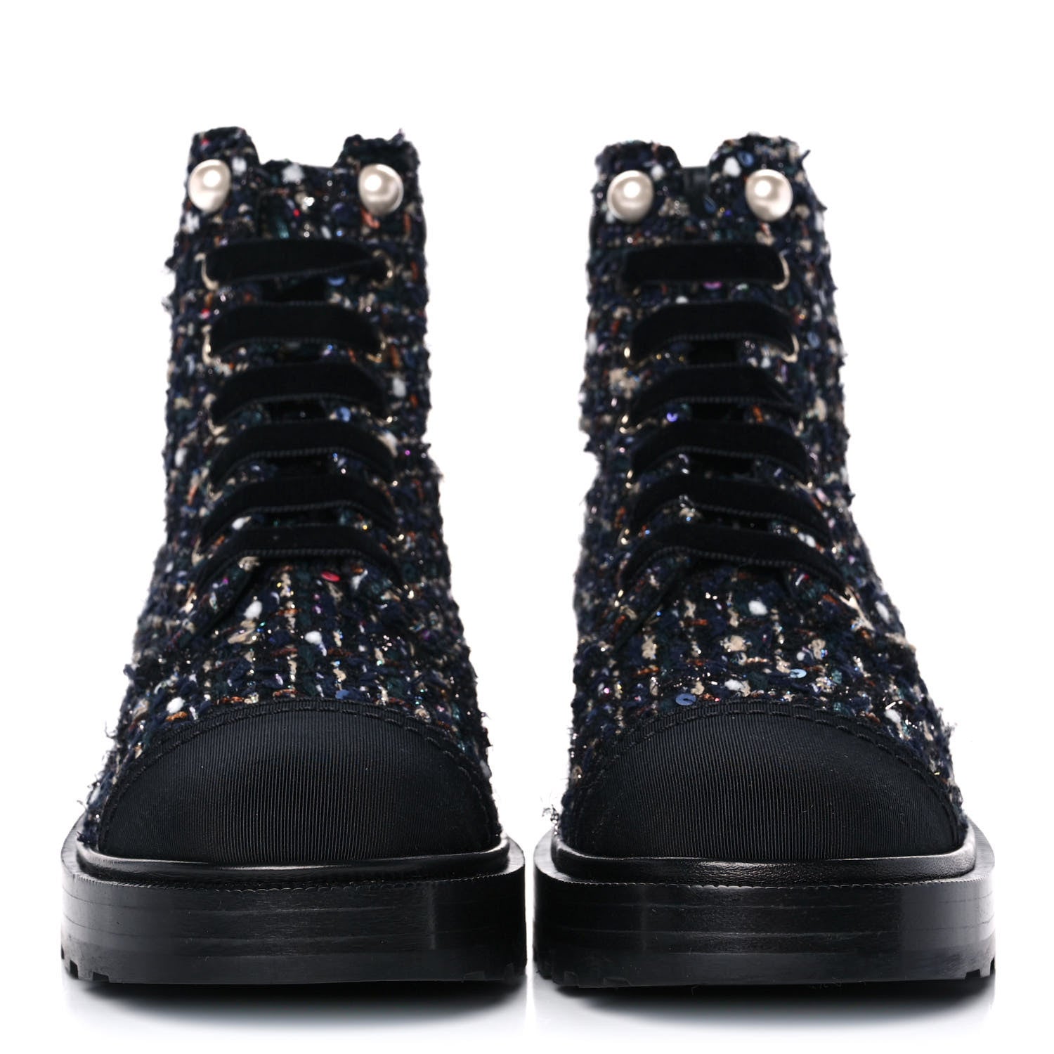 Chanel Tweed Grosgrain Pearl Combat Short Boots 37 Black Multicolor 2 of 9