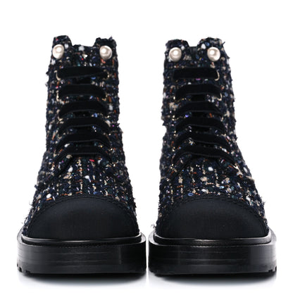 Chanel Tweed Grosgrain Pearl Combat Short Boots 37 Black Multicolor 2 of 9