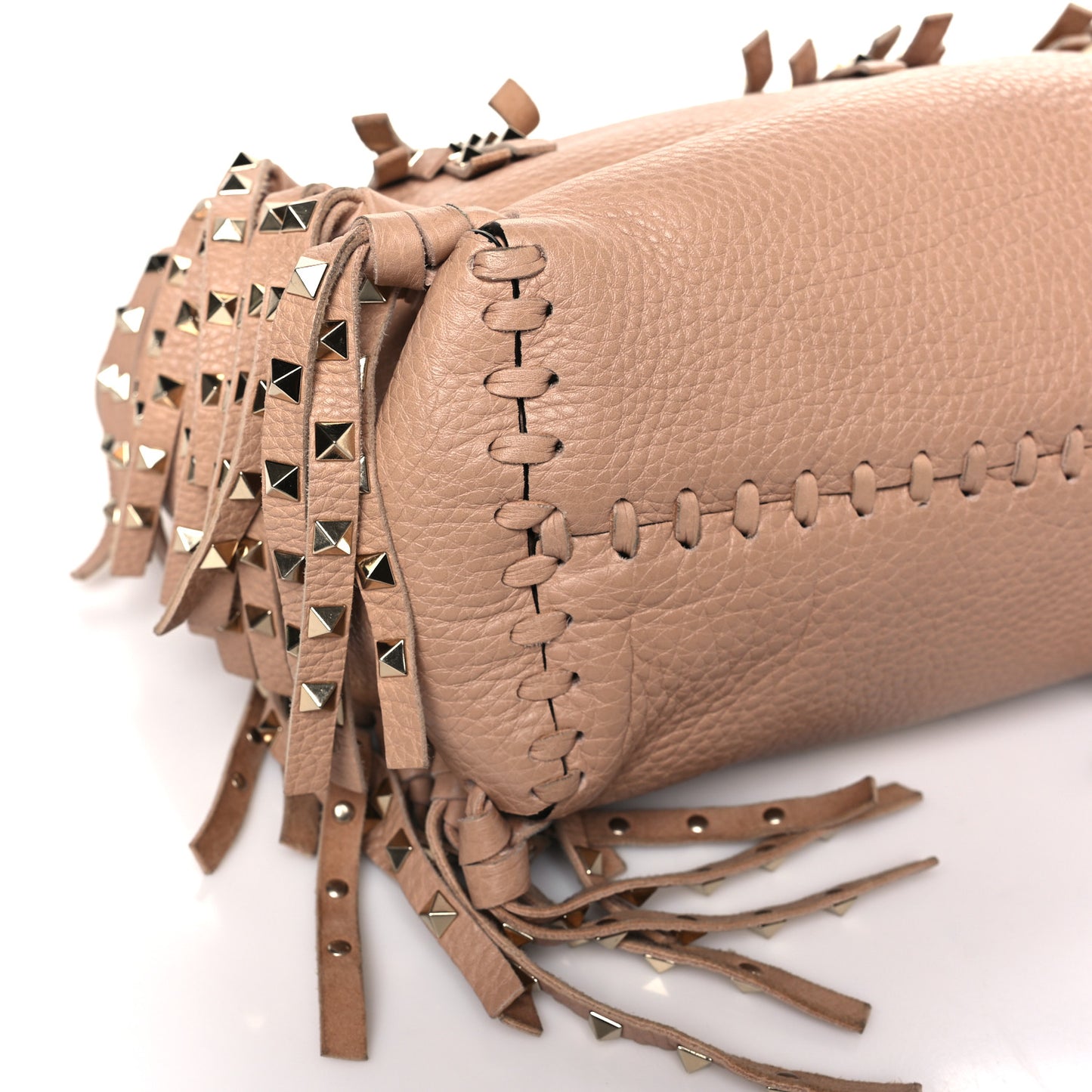 Grained Calfskin Small Rockstud C-Rockee Fringe Tote Poudre