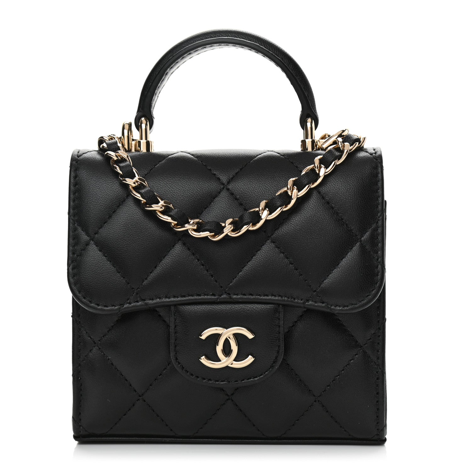 Chanel Lambskin Quilted Top Handle Flap Clutch With Chain Black 1 of 12