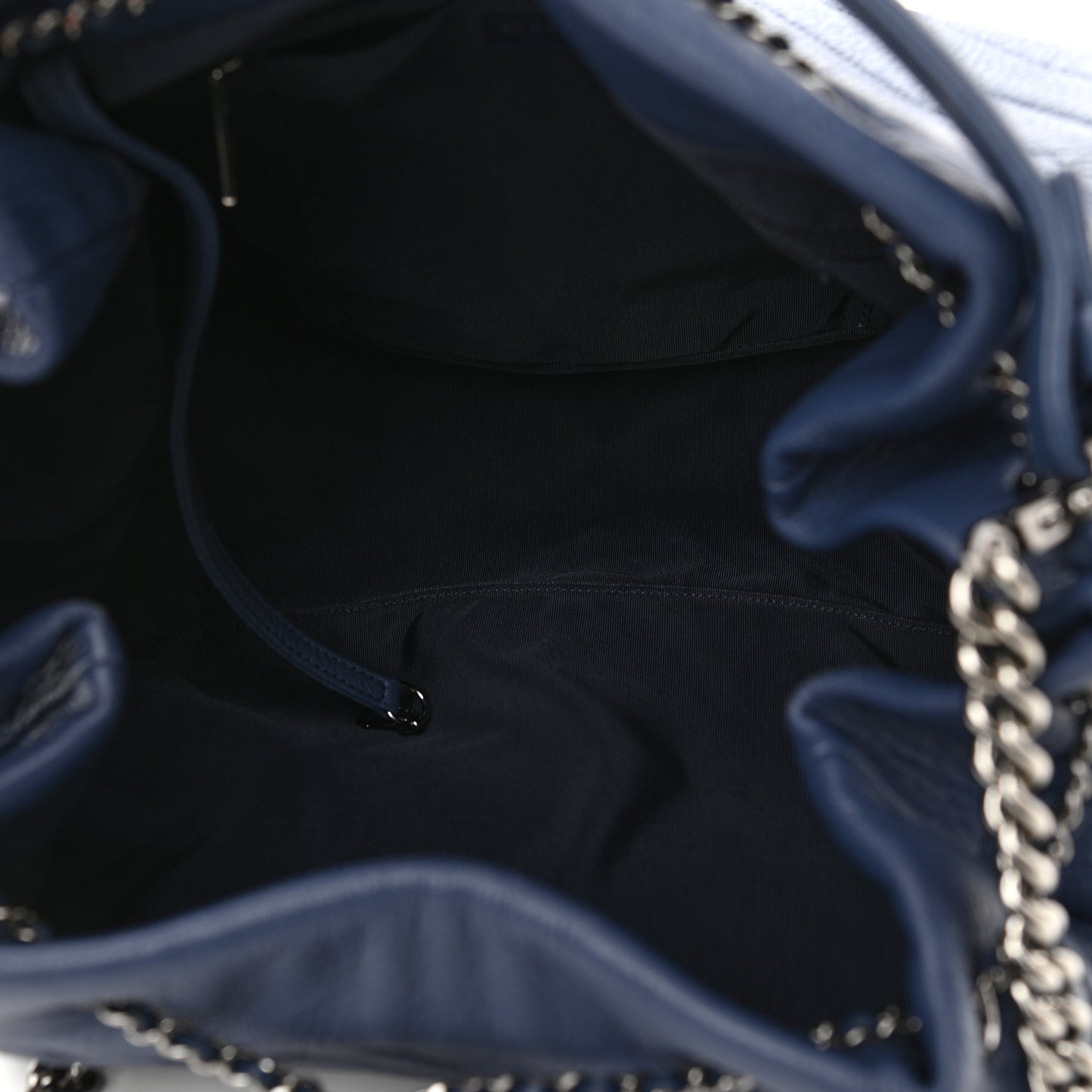 Deerskin Chevron Medium CC Chain Bucket Drawstring Bag Navy Blue