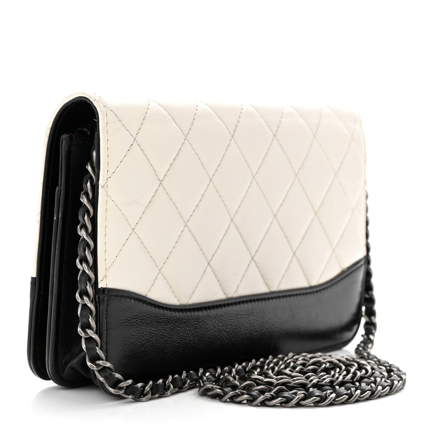 Aged Calfskin Quilted Gabrielle Wallet On Chain WOC White Black