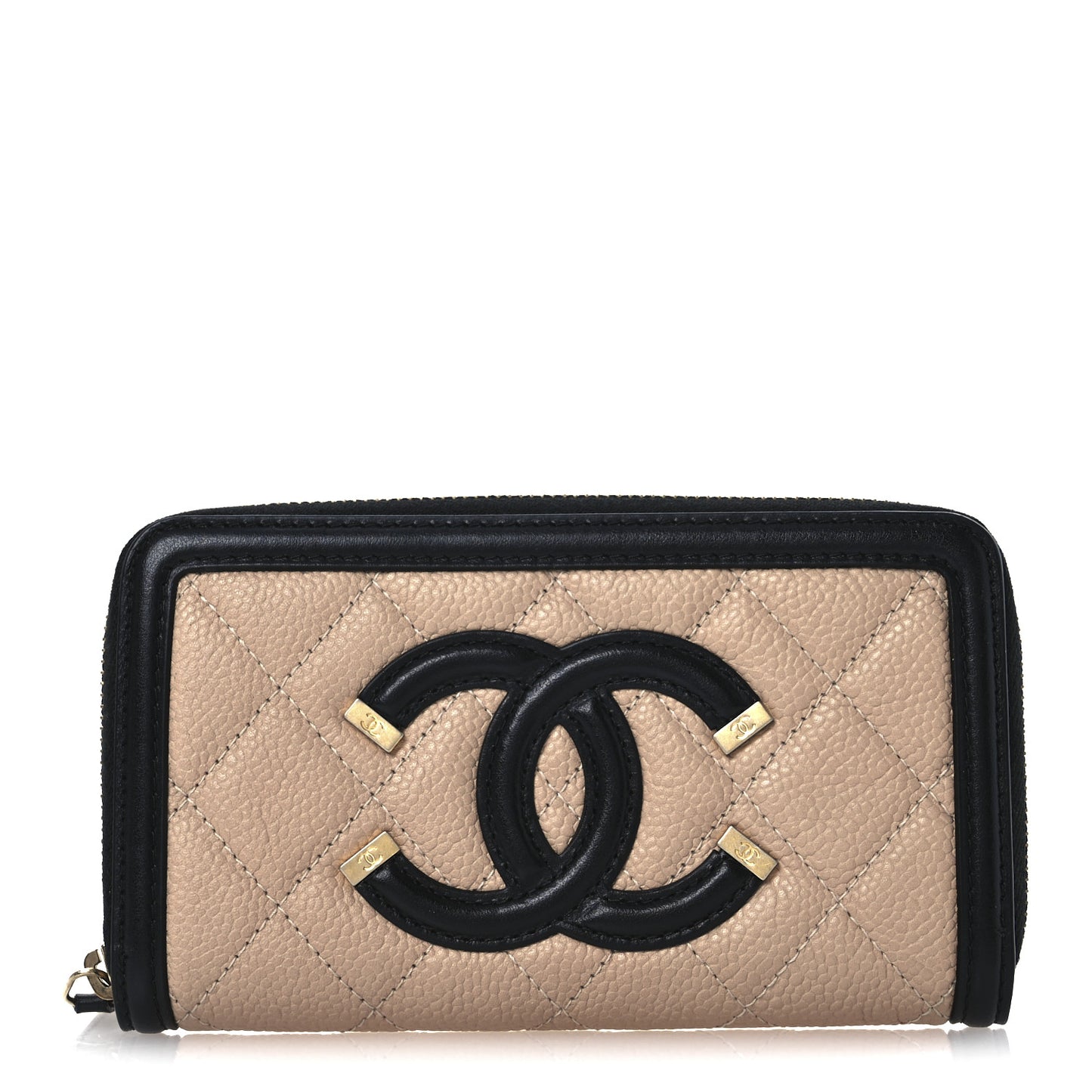 Caviar Quilted Small Filigree Zip Around Wallet Beige Black