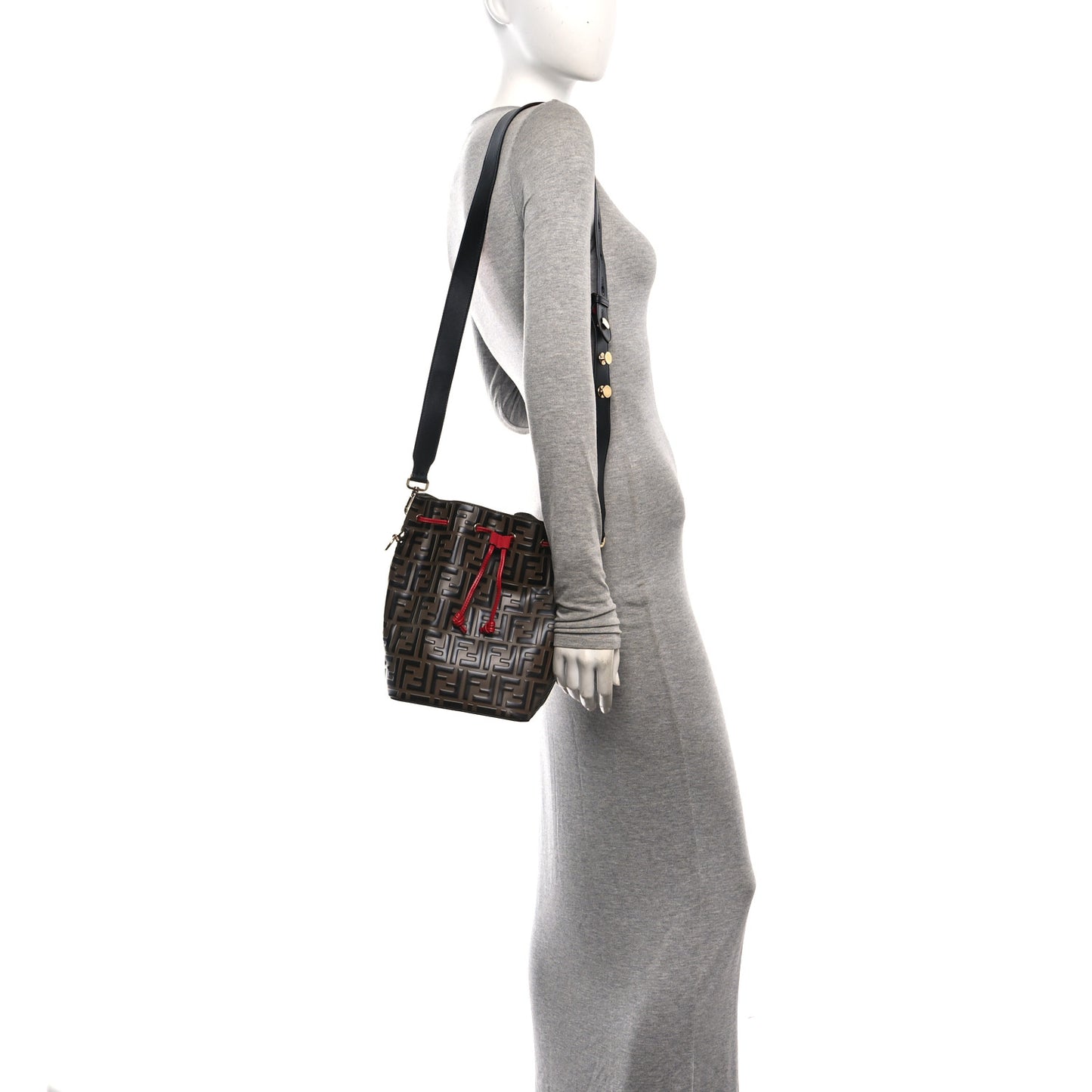 Vitello Grace F is Fendi Bi-Color FF 1974 Embossed Grande Mon Tresor Bucket Bag Maya Black Fragola