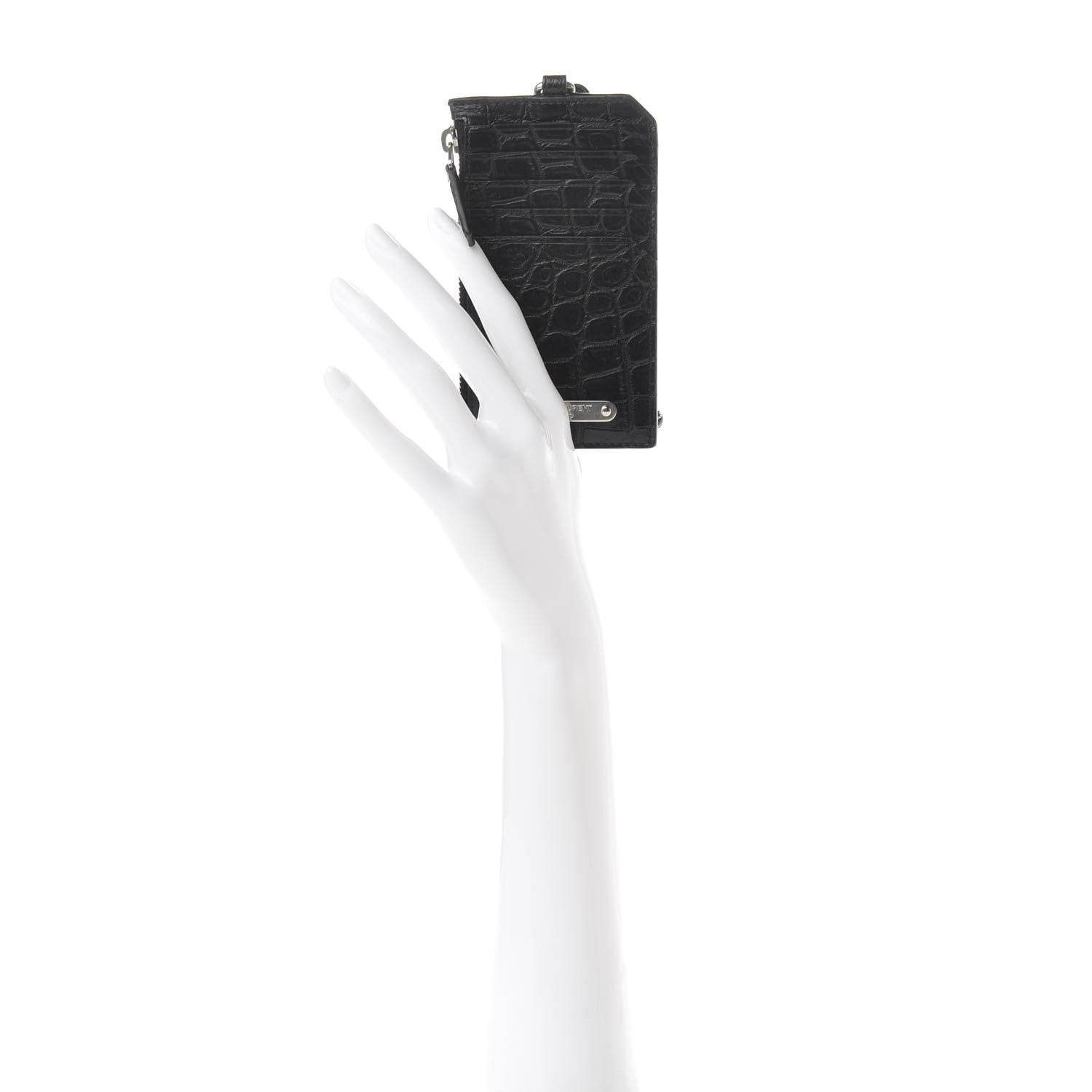 Saint Laurent Calfskin Crocodile Embossed 5 Fragments Zip Pouch Card Holder Strap Black 2 of 8