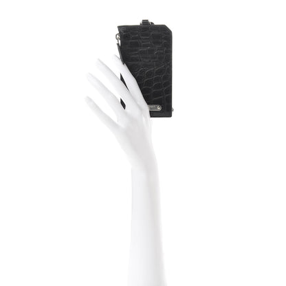 Saint Laurent Calfskin Crocodile Embossed 5 Fragments Zip Pouch Card Holder Strap Black 2 of 8