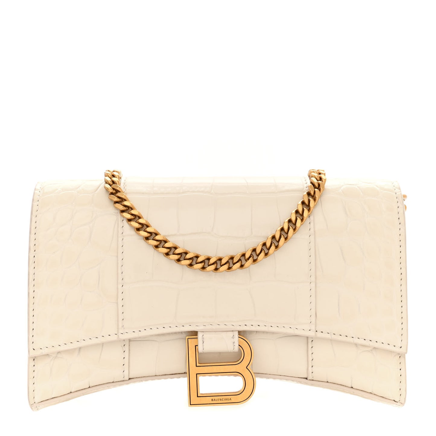 Shiny Calfskin Crocodile Embossed Hourglass Chain Bag Cream