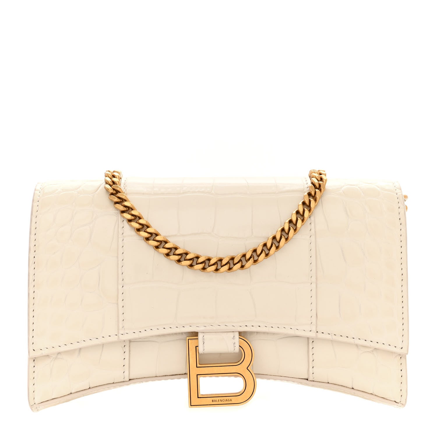 Balenciaga Shiny Calfskin Crocodile Embossed Hourglass Chain Bag Cream 1 of 11