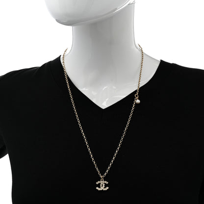 Chanel Metal Pearl Crystal CC Textured Pendant Necklace Gold 2 of 6