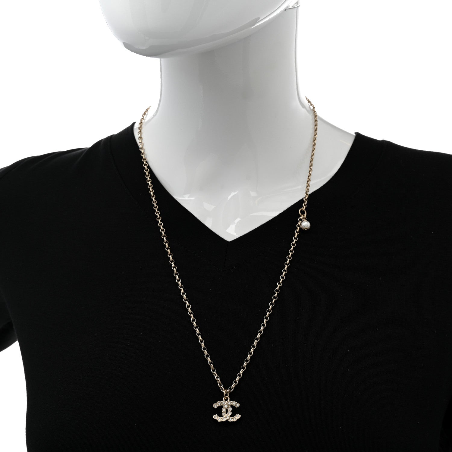 Chanel Metal Pearl Crystal CC Textured Pendant Necklace Gold 2 of 6