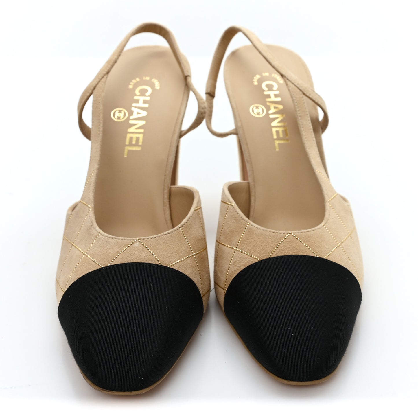 Suede Crystal Grosgrain Cap Toe CC Slingback Pumps 41 Beige Golden Black